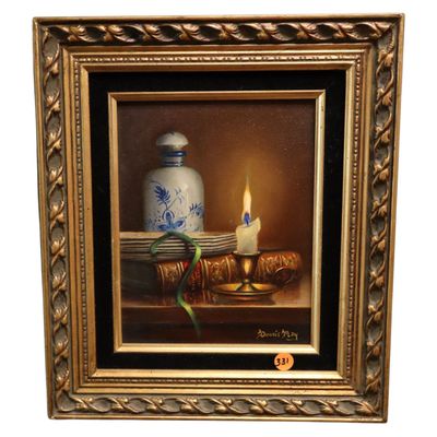 Sale Photo Thumbnail #139: Dennis May Still Life Candle Oil on Board Painting