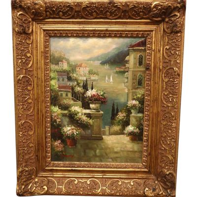 Sale Photo Thumbnail #116: Italian Lake Como Terrace Oil Painting Art Framed