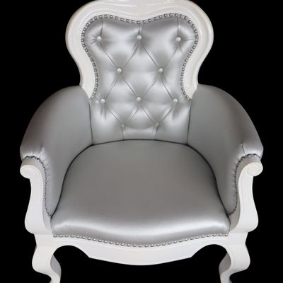 Sale Photo Thumbnail #348: White lacquer button tuft decor chair in silver fabric