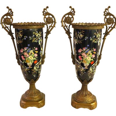 Sale Photo Thumbnail #298: PR French style bronze wrap and floral porcelain urns