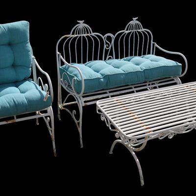 Sale Photo Thumbnail #292: Vintage 3 Pc Birdcage Wrought Iron Patio Bench Set