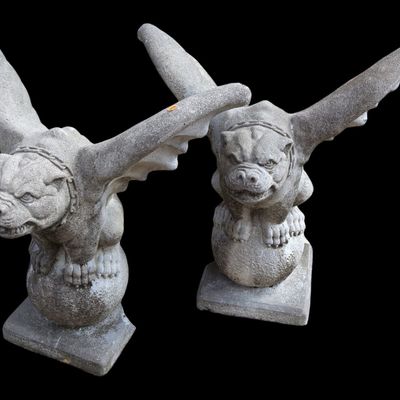 Sale Photo Thumbnail #293: Pair of cast stone winged gargoyles