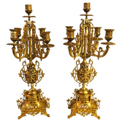 Sale Photo Thumbnail #237: Pair Antique French Brass 5 Light Candelabras 19C