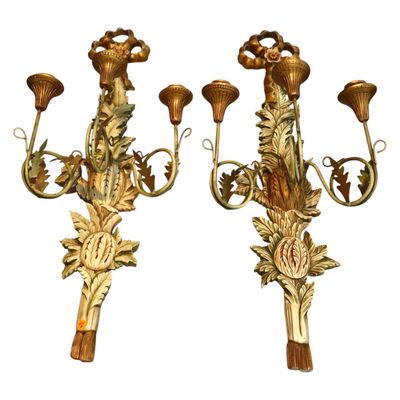 Sale Photo Thumbnail #246: Pair Vtg Italian 3 burner wood wall sconces