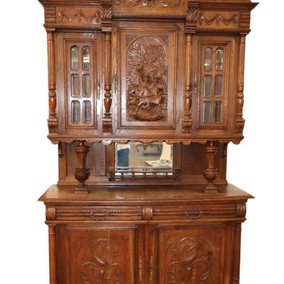 Sale Photo Thumbnail #55: Antique Carved 3-Part Oak Step-Back Cupboard