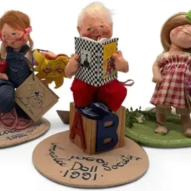 Sale Photo Thumbnail #19: 3 Annalee Dolls Vintage Collectibles – Reading, Apple & Flower Basket Characters, 1991