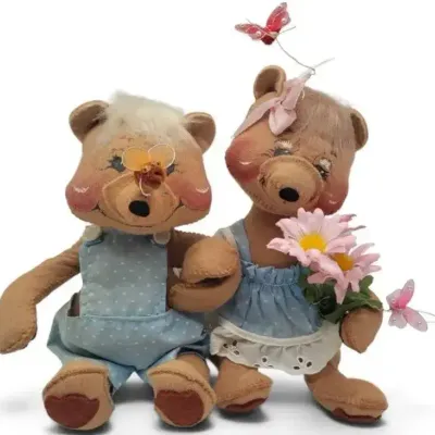 Sale Photo Thumbnail #6: 2 Annalee Springtime Bears – Vintage Boy & Girl Teddy Bears with Flowers, Easter Collectibles