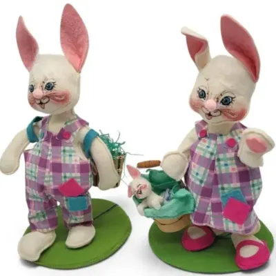 Sale Photo Thumbnail #5: 2 Annalee Dolls Easter Egg Hunt – 10" Boy & Girl Bunny Rabbits, Vintage Easter Collectibles