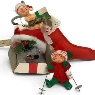 Sale Photo Thumbnail #36: 3 Annalee Christmas Collectibles – Mouse Stocking Ornament & Vintage Skier, 1985 Holiday Decor