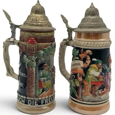 Sale Photo Thumbnail #21: 2 Vintage German Beer Steins – Ornate Pewter Lids, Hand-Painted Scenic Relief & Ceramic Bodies