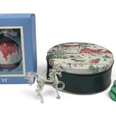 Sale Photo Thumbnail #61: 4 Christmas Ornaments & Tin – Wedgwood Ball, Hand-Blown Glass Unicorn & Snowman
