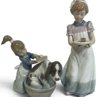 Sale Photo Thumbnail #48: 2 Lladró Girl Figurines – Vintage Spanish Porcelain Girls with Dog & Serving Tray