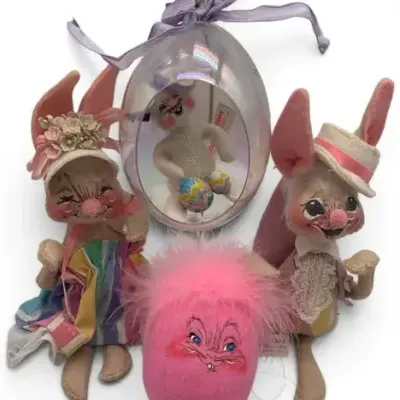 Sale Photo Thumbnail #12: 4 Annalee Easter Collectibles – Vintage Bunny Rabbits, Easter Egg Ornament & Pink Chick