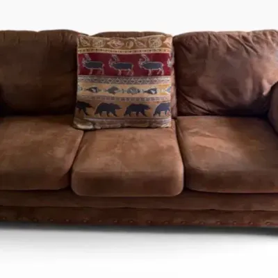 Rustic Brown 3-Seat Sofa with Nailhead Trim & Lodge Accent Pillow