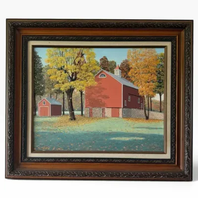 Signed R.W. Rapp Red Barn Autumn Landscape Painting – Ornate Wood Frame Charming Autumn Landscape