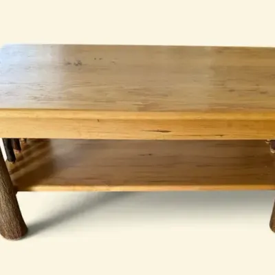 Rustic Hickory Coffee Table with Lower Shelf & Twig Accents