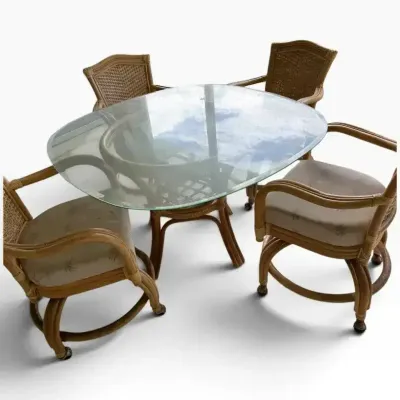 5-Piece Rattan & Wicker Dining Set with Glass Top Table & 4 Armchairs 