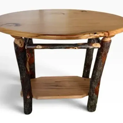 Rustic Oval End Table - Hickory Wood with Log Trim & Lower Shelf