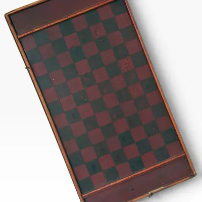 Antique Folk Art Painted Checkerboard Game Board – Red & Green 
