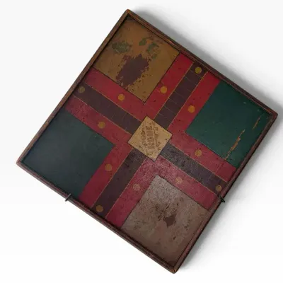 Antique Folk Art Double-Sided Parcheesi & Checkerboard Game Board – Hand Painted