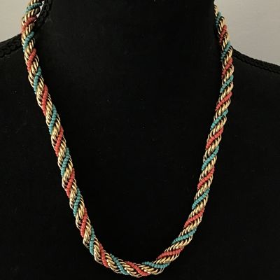Sale Photo Thumbnail #60: Turquoise and coral beaded necklace, gold tone , rope twist chain