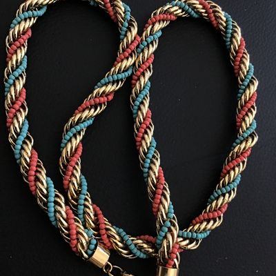 Sale Photo Thumbnail #62: Turquoise and coral beaded necklace, gold tone , rope twist chain