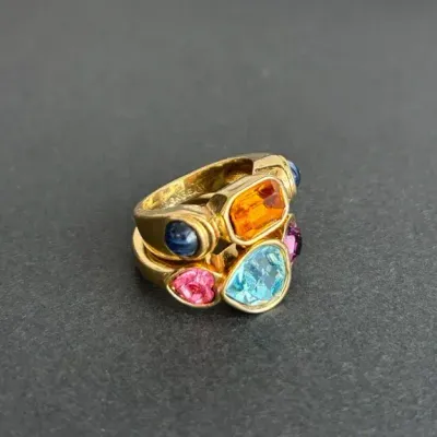 2 18K G.E. Yellow Gold Modern Design Ladies Rings * Crystal / Semi Precious Blue Stones 