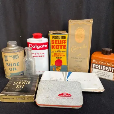 Lot of Unique Vintage Metal Containers * Esquire Scuff Kote * Cinderella Leather Cream * Polident 