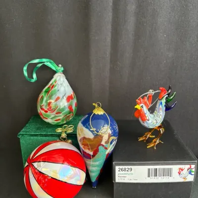 3 Art Glass Christmas Ornaments and 1 Awesome Glass Rooster 