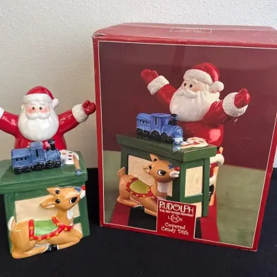 LENOX Christmas Covered Candy Dish * Rudolph The Red Nosed Reindeer & Santa 