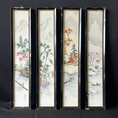 (4) 4” x 19” Vintage Japanese Hand Painted Tiles 