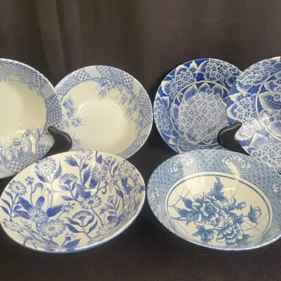 6~ Blue And White 8” Serving Bowls W Floral Motifs