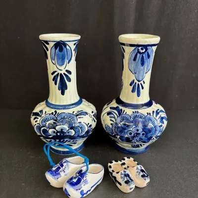 2 Delft Bud Vases * Small Ceramic Dutch Clogs  Decor 