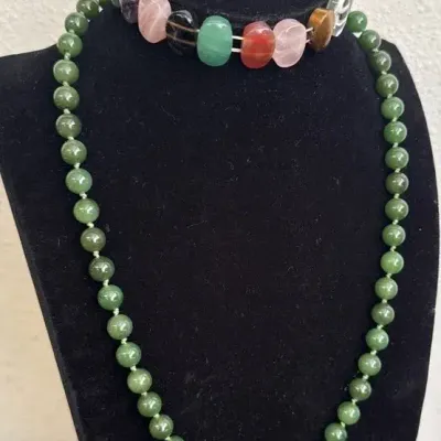 Vintage Jade Or Jadeite 18" Necklace W/ Modern Semi Precious Gemstone 7" Bracelet