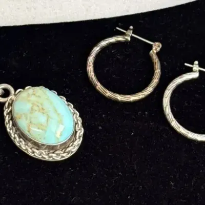 Fabulous 925 Mexico Sterling Silver Stone Pendant * Possibly Silver Hoop Earrings 