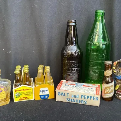 Collection of Glass Bottles * Salt and Pepper * Miniature Corona & Cerveza * Schliff * 7-up * IBC