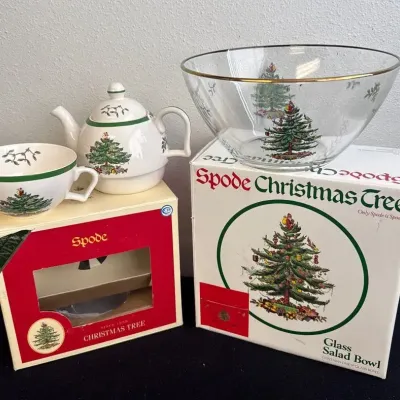 SPODE Christmas Tree Glass Salad Bowl, Teapot & Cup
