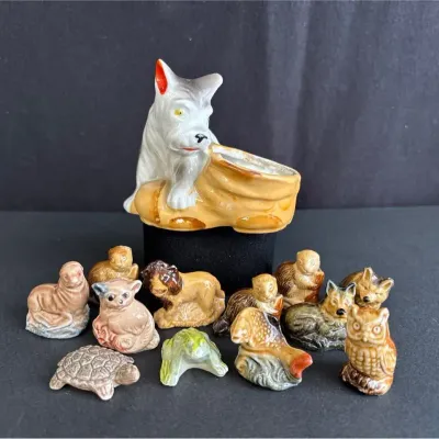  12 Wade England Tiny Ceramic Variety of Animals Figurines * Vintage Japan Dog and Shoe Planter 