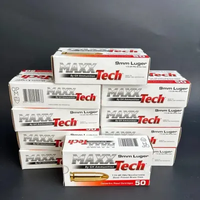 10 Boxes MAXX Tech 9mm Luger Ammo Bullets 115 GR FMJ Brass Case 50 Ct