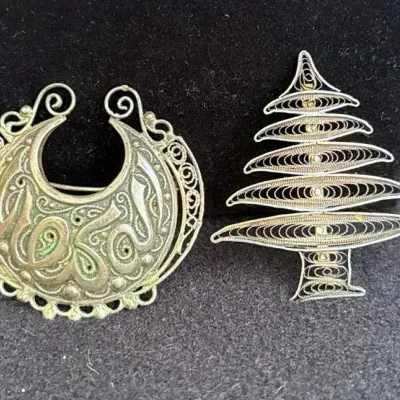 Vintage 2” Brooch Of Sterling Silver? Islamic Crescent * Filigree Metal Christmas Fir Tree Pin