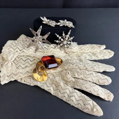 3 Vintage Brooches * Crystal Clip on Earrings * Vintage Lace Ladies Gloves 