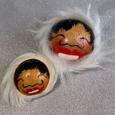 2 Cute Eskimo Wooden Faced Pins With Fur Trim 