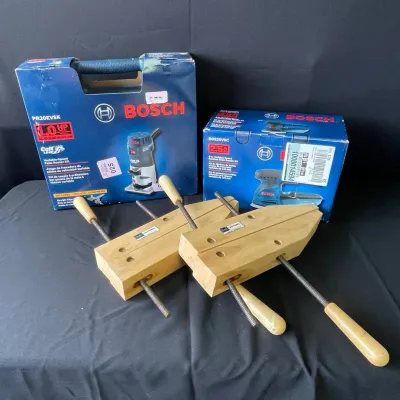 Brand New In Box * Bosch * Palm Router and 5” Orbit Sander W/ 2 Craftsman Wood Clamps