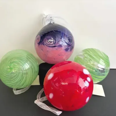 4 Handmade Art Glass Globes * Red , Green Swirl , Purple Pink Swirl 