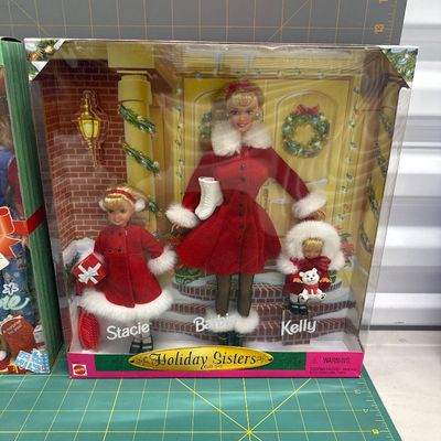 Two piece set Barbie one Holiday Sisters gift set number two happy holiday holidays from Barbie Christmas morning