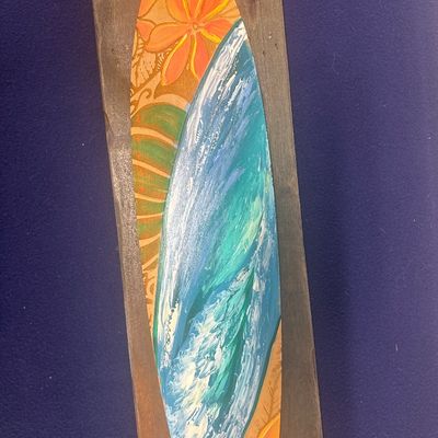 Mounted hand, painted wood, surfboard on wood, signed, and numbered