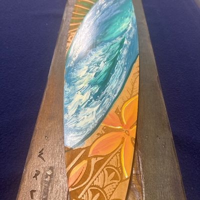 Mounted hand, painted wood, surfboard on wood, signed, and numbered
