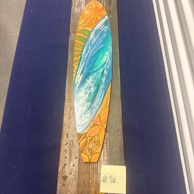Mounted hand, painted wood, surfboard on wood, signed, and numbered