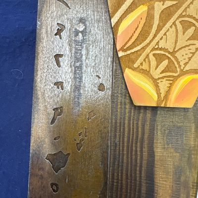 Mounted hand, painted wood, surfboard on wood, signed, and numbered
