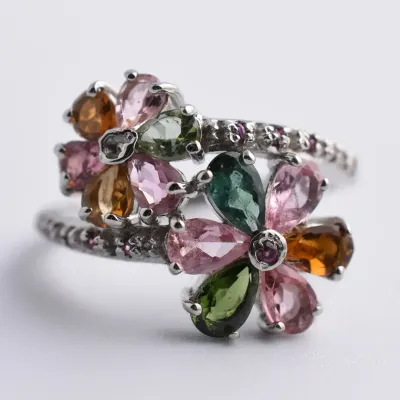 Tourmaline & Rhodolite Garnet Sterling Silver Floral Ring